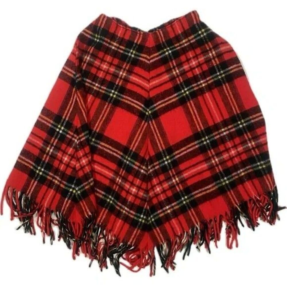 Vintage Handmade Mod Red Plaid Tartan Cape Poncho Fringe